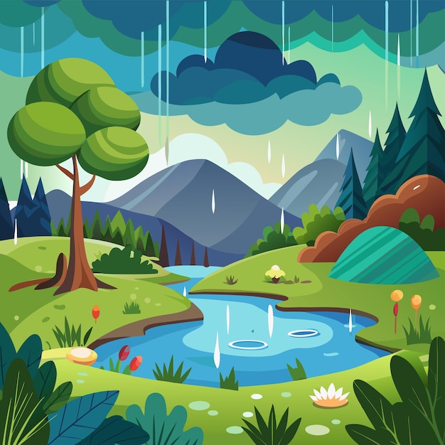 a nature raining scene or rainy day scene with pond in the park