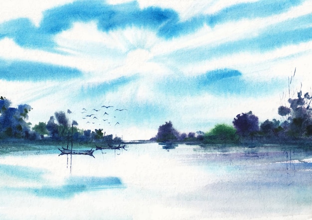 Nature reflaction at morning watercolor painting