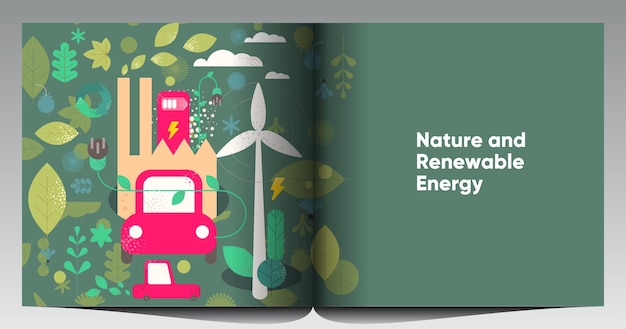 自然と再生可能エネルギーのリサイクルグリーンエネルギーと天然資源の保全ベクトルイラストのセットポスターバナーカバーアートの背景画像