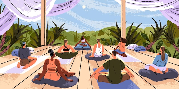 Nature retreat and wellness Calm people practicing yoga spiritual meditation in vipassana class Meditating breathing together in group outdoors Zen holiday vacation Flat vector illustration