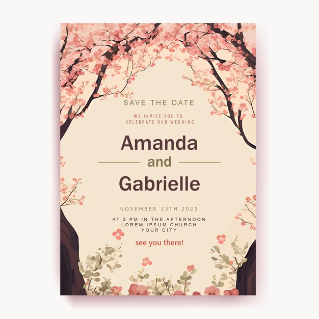 Vector nature's love a rustic cherry blossom wedding invitation template illustration