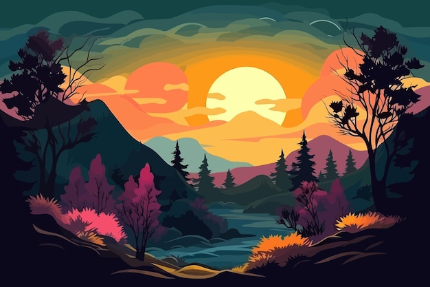 벡터 자연의 원더랜드 a dark skyblue 및 amber forest cartoon vector illustration with romantic land