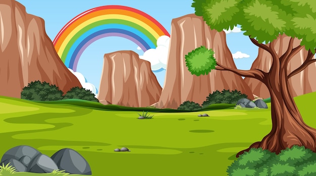 Nature scene background with rainbow in the sky