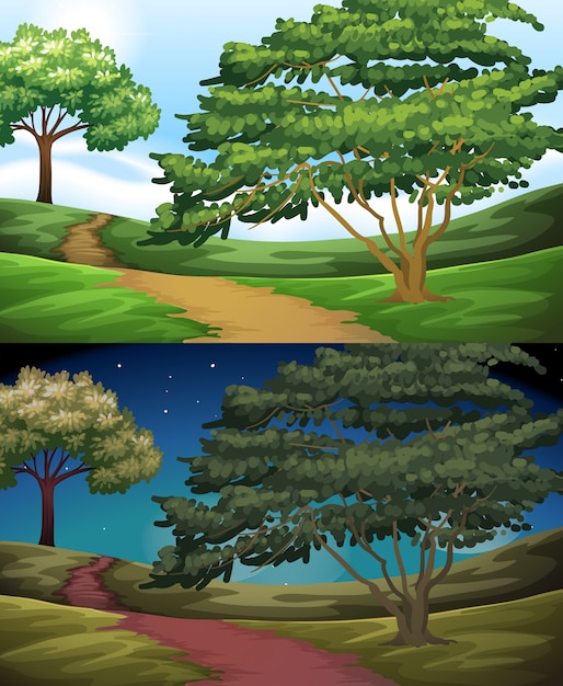 Nature scene of the countryside at day and night