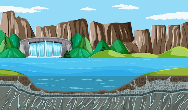 Paesaggio della scena della natura con strati di diga e suolo