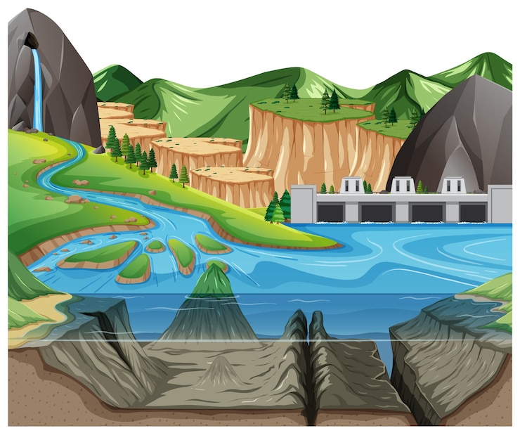 Vector nature scene landscape with underwater of lake and mountain background