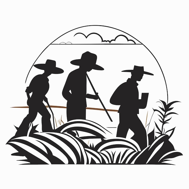 Vector nature scene of rural land agriculture grassland abstract silhouette of asian farmers working field