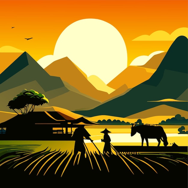 Vettore scena naturale di terreni rurali agricoltura pascoli abstract silhouette di agricoltori asiatici che lavorano