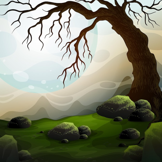 Vector nature scene with dead tree and fog