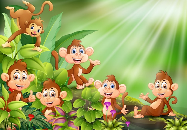 Vector nature scene with group of monkey cartoon