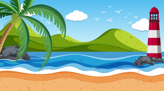 Vector nature scene with lighthouse by the shore