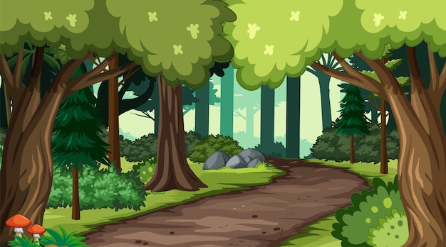 Vector nature scene with many trees and road