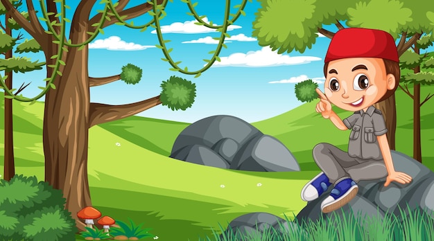 Scena della natura con un personaggio dei cartoni animati di un ragazzo musulmano che esplora nella foresta
