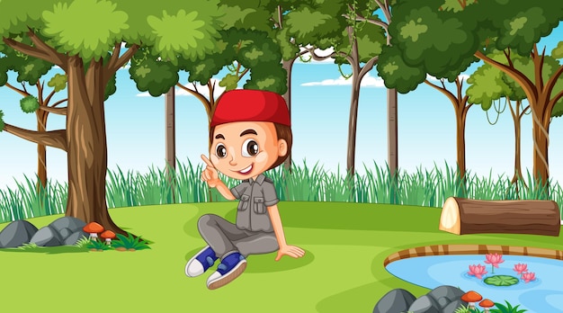 Nature scene with a muslim boy cartoon character exploring in the forest