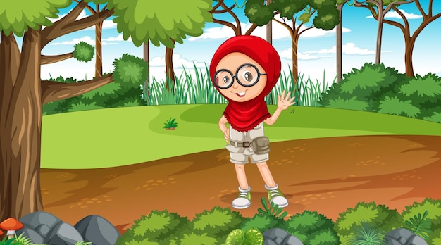 Nature scene with a muslim girl cartoon character exploring in the forest