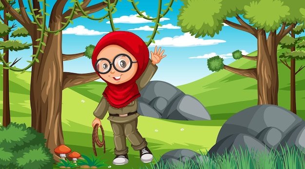 숲에서 탐험하는 이슬람 소녀 만화 캐릭터와 함께 자연 장면