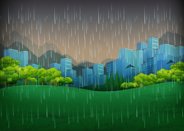 벡터 도시에서 비오는 날과 자연 장면