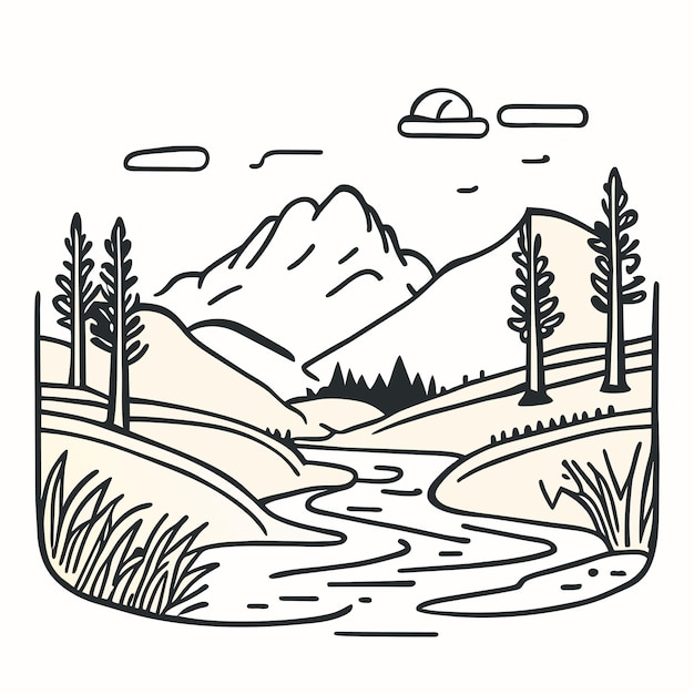 Vector nature scene with river and hills forest and mountain landscape flat cartoon style illustration