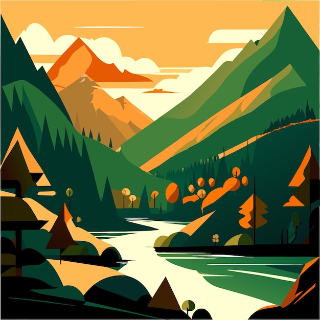 Nature scene with river and hills forest and mountain landscape flat cartoon style illustration