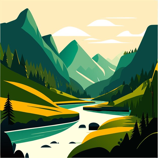 Vector nature scene with river and hills forest and mountain landscape flat cartoon style illustration