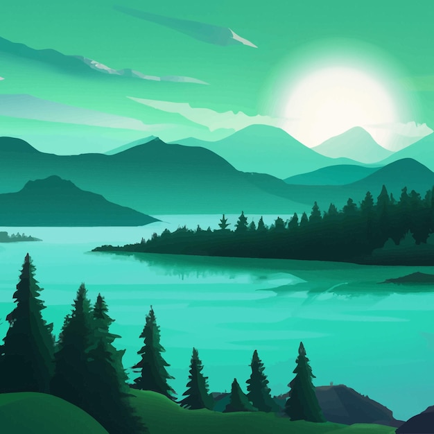 Nature scene with river and hills, forest and mountain, landscape flat cartoon style illustration