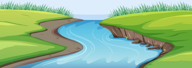 Vector nature scene with river and meadow