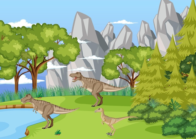 Nature scene with trees on mountains with dinosaur