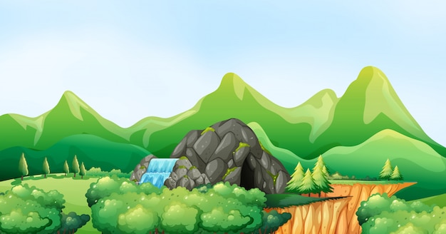 Сцена природы с водопадом и пещерой
