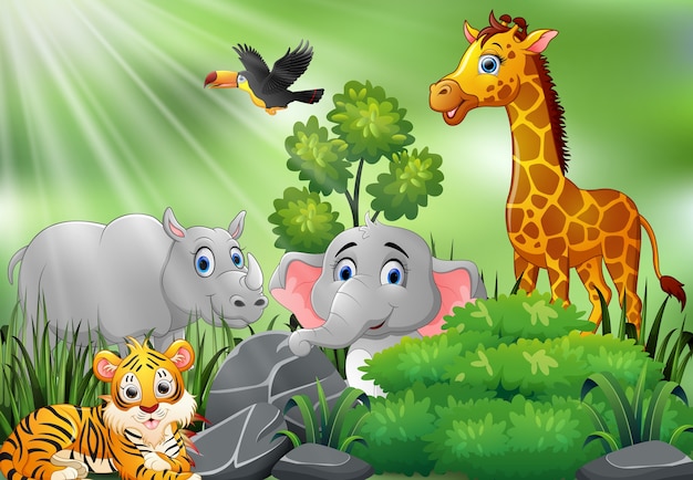 Nature scene with wild animals cartoon