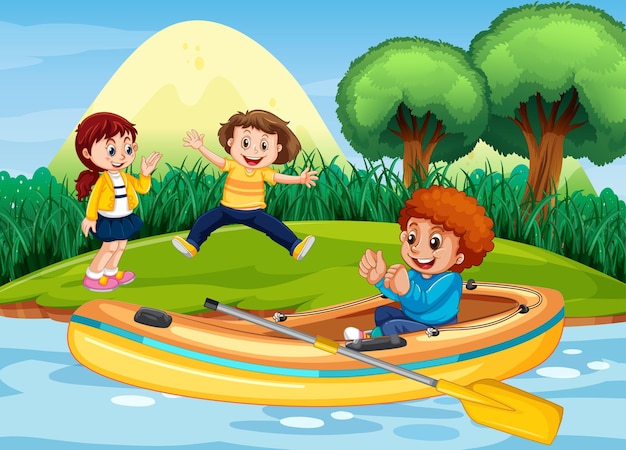 Nature scenery with a boy in inflatable boat