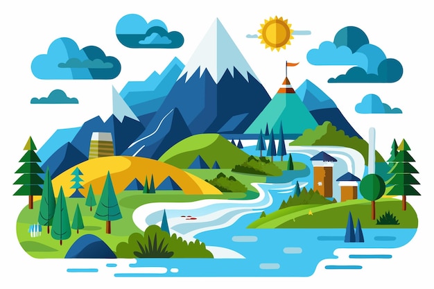 nature scenes vector illustration mountains rivers cartoon clipart and line art design