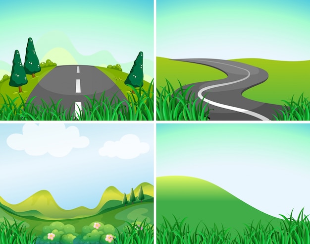 Scene di natura con illustrazione di strada e colline
