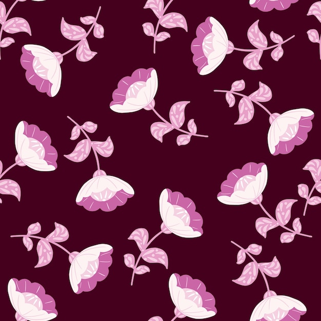 Nature seamless pattern with bright random lilac folk flowers. Dark maroon.