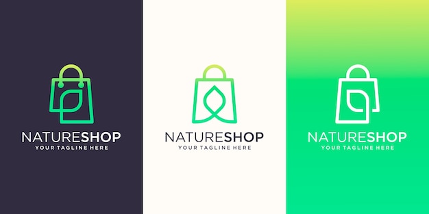 Nature Shop, 잎 라인 아트 스타일 로고 디자인 템플릿과 결합 된 가방,