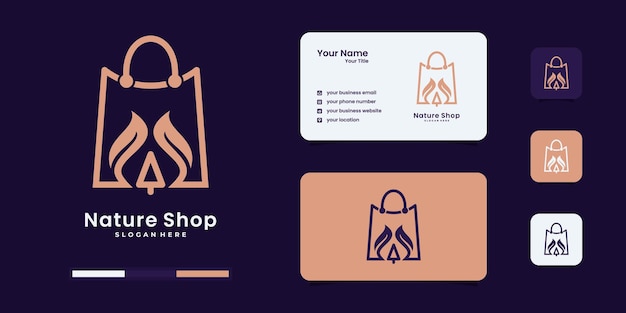 Nature shop, bag combined with leaf line art style logo designs template.