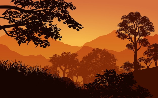 Nature silhouette illustration with forest and mountain