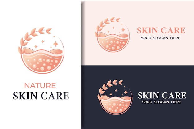 Modello di progettazione del logo per la cura della pelle naturale con pelle scintillante e foglie