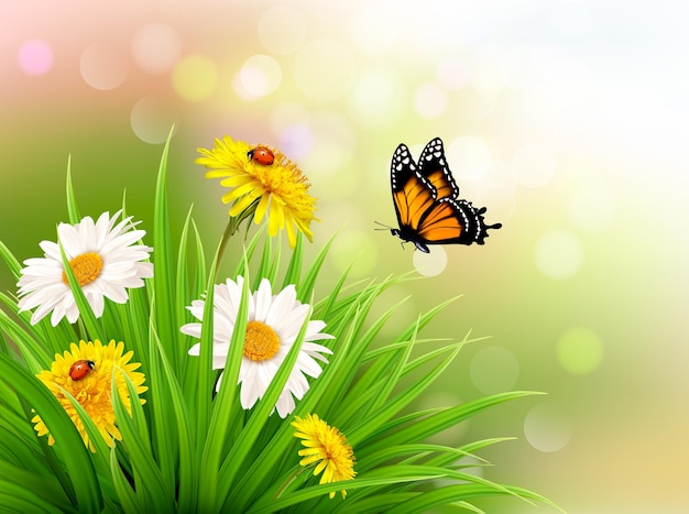 自然の夏のデイジーの花と蝶。ベクトルイラスト