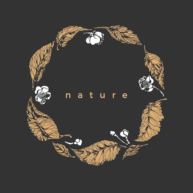 Nature symbol botanical round wreath leaves flower of tea bush in circle