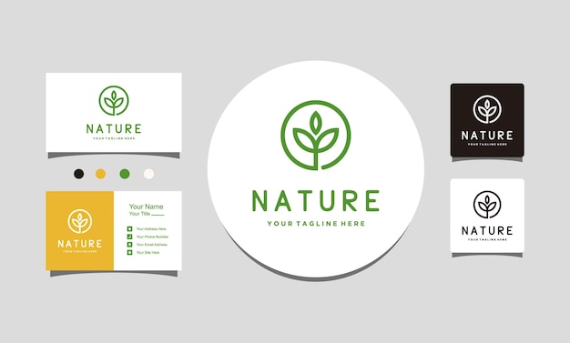 Nature tree leaf minimalist circle line art logo icon vector template