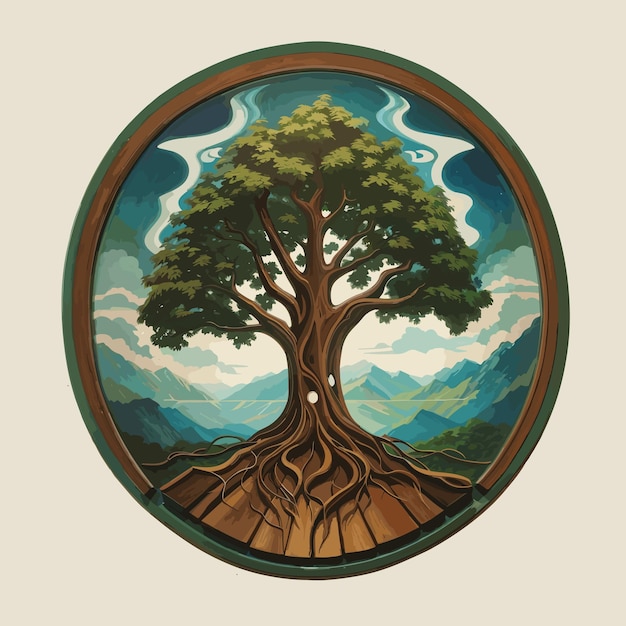 Vettore logo dell'albero naturale con illustrazione del design del cielo blu