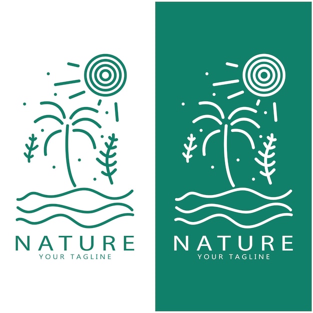 Logo vettoriale natura con alberi fiumi mari montagne affari emblemi viaggi distintivi salute ecologica