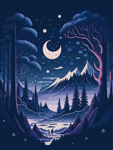 Vector nature view in the long night the forest and mountain