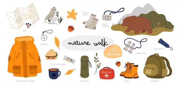 Set di passeggiate nella natura. natura selvaggia. illustrazione con attrezzatura turistica in stile piano