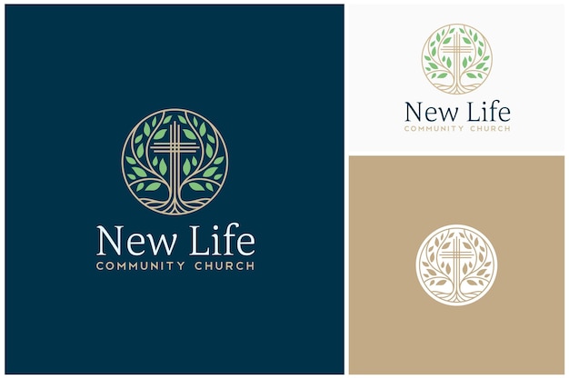 Vector nature wild vines plant christian cross crucifix for church community tree of life emblem label logo