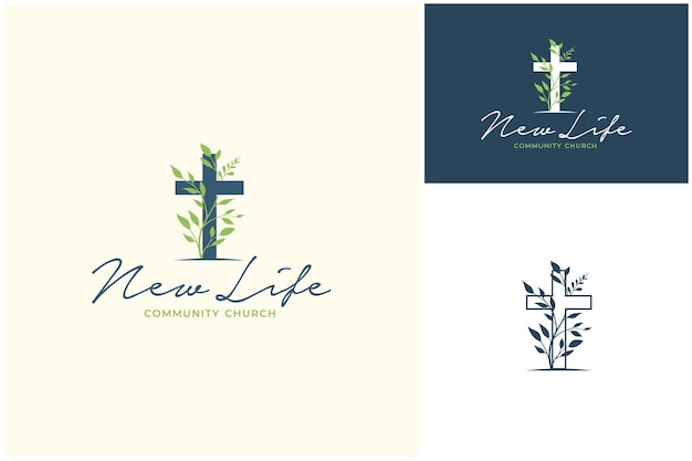 Vector nature wild vines plant flower with christian cross crucifix for church community logo design