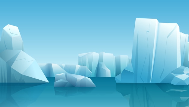 Vector nature winter arctic landscape with ice iceberg, blue pure water and snow hills