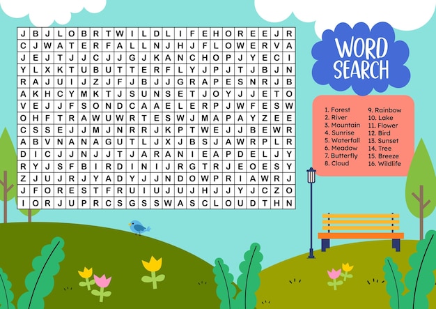 Nature ricerca di parole simpatico design piatto vettoriale stampabile per bambini