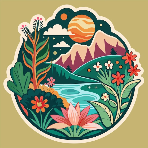 벡터 자연 아름다움 티셔츠 스티커에 복잡한 꽃 패턴을 특징으로하는 스티커를 디자인