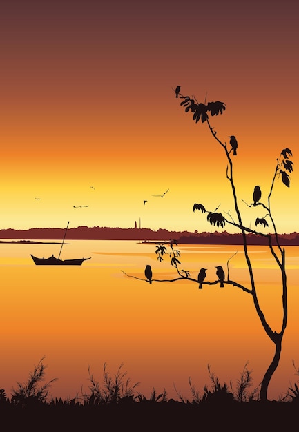 Natuur achtergrond met rivier en boom Vogels zittend op boom Kleurrijke zonsondergang Mobiel behang